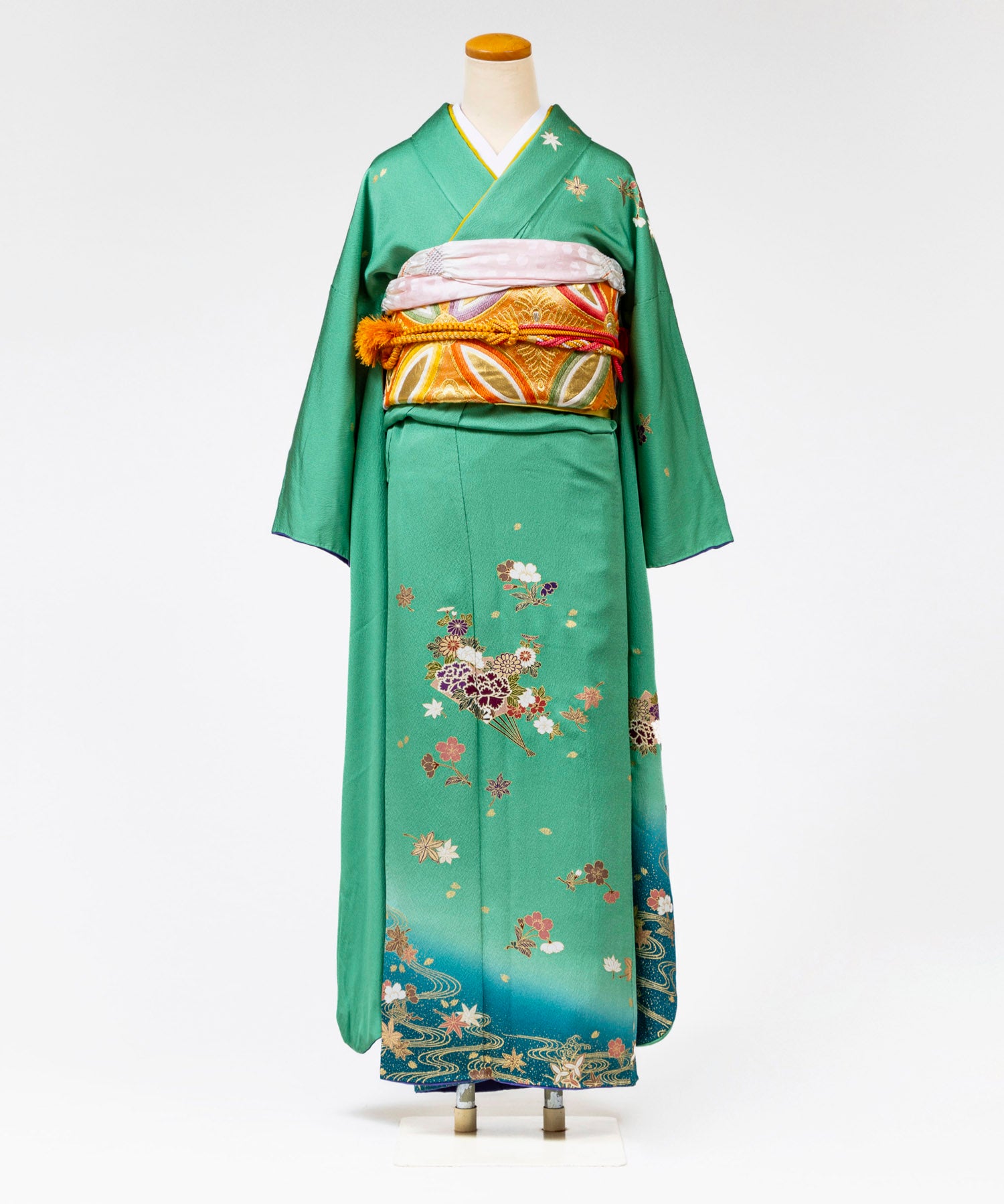 青緑花模様 MK-1056 浴衣 美しい花柄模様 金通し 金彩 深緑色 青緑花模様 MK-1056 浴衣 美しい花柄模様 金通し 金彩 深緑色